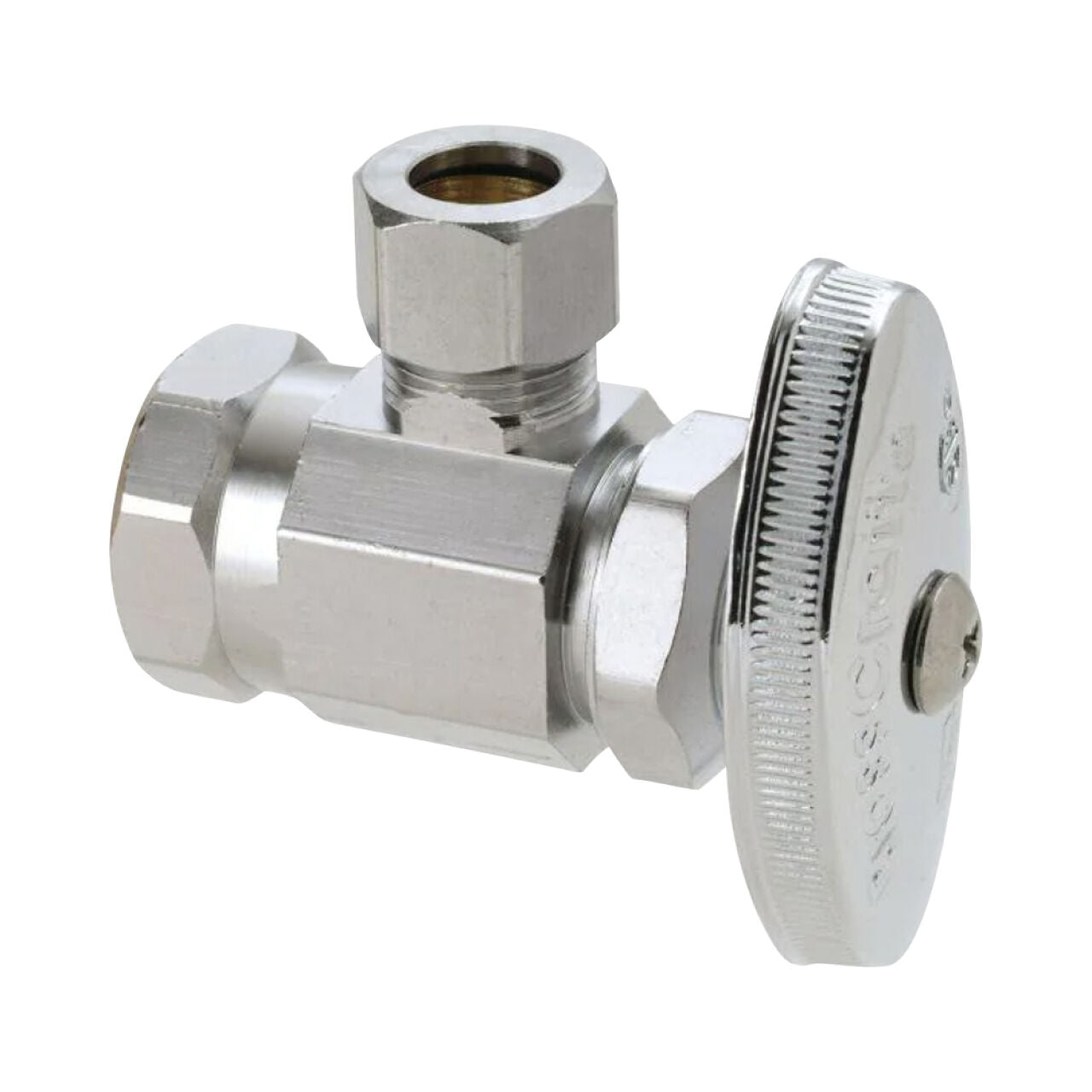 A close-up of the Go Build 1/2 in. FIP Inlet x 3/8 in. Comp Outlet Multi Turn Angle Valve - Chrome, featuring a round, ridged handle for precise water flow control in plumbing systems. Brand: The Fastest Way To Build.